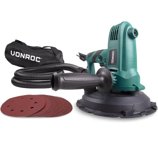 VONROC Ponceuse - 750W - Ø180MM - Plafond et mur - Tuyau et sac de collecte de poussière inclus