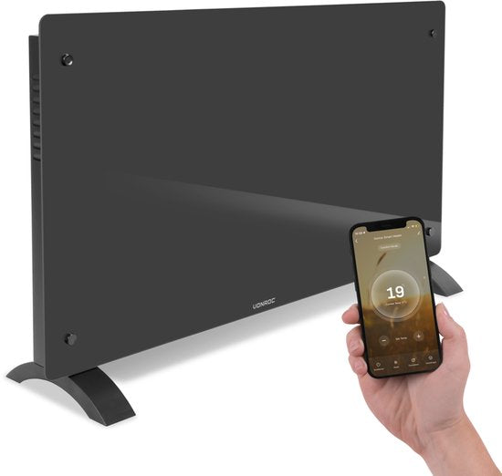 VONROC Chauffage électrique de luxe - Convecteur avec panneau en verre - 1250W/2500W- Chauffe les pièces jusqu'à 30m2 - Contrôlé par l'application (via Wifi) et manuellement - Thermostat et minuterie réglables - Gris