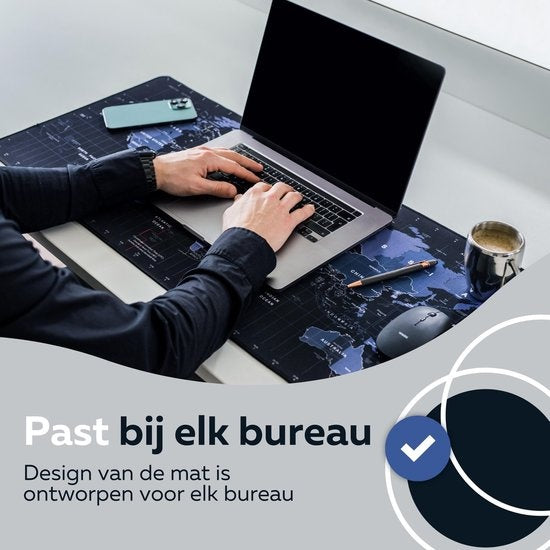 WURK Tapis de bureau professionnel - Carte du monde - Organiseur de bureau - Accessoires de bureau - Tapis de souris XXL - Antidérapant - Comprend un clip pour câble - 90x40