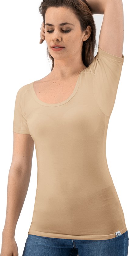 Tsirt anti transpiration - Fibershirts® - Coussinets d'aisselles cousus - Maillot de corps - beige - Col rond - Femme - Taille XS