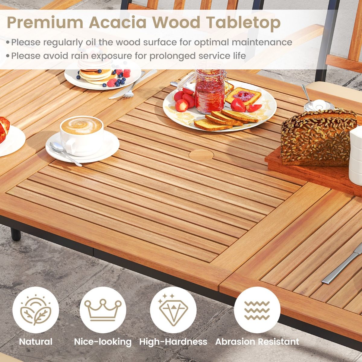 Table de jardin Coast pour 8 personnes - bois d'acacia avec pieds en métal - trou pour parasol de 5 cm - couleur naturelle et noire - 200 x 90 cm