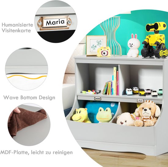 COSTWAY Étagère pour enfants, étagère à jouets avec 4 compartiments, étagère à livres pour enfants, étagère de rangement, organisateur de jouets pour la chambre d'enfant et la salle de jeux, 67 x 40 x 62 cm, gris
