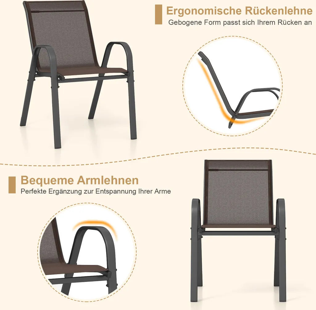 COAST Jeu de 4 chaises de jardin empilables, chaises de balcon, chaises de patio, chaises empilables avec accoudoirs jusqu'à 150 kg, 56 x 70 x 84 cm, marron