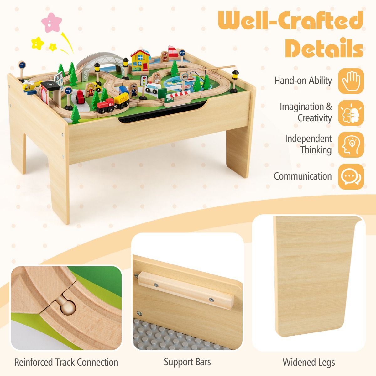 Table de train en bois Coast pour enfants - Table d'activités 5 en 1 - 78 pièces - Couleur naturelle