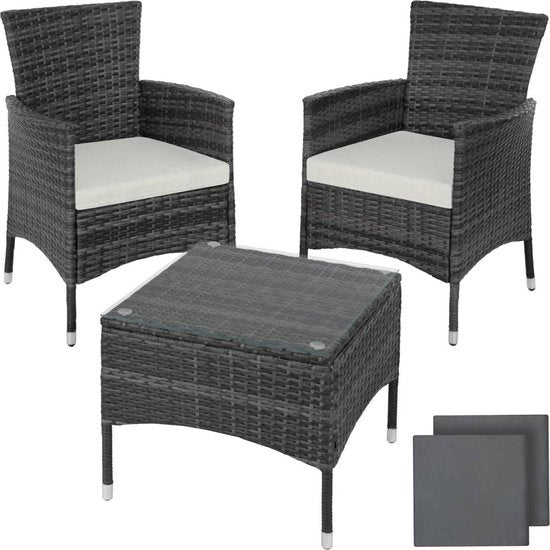 tectake® - set de jardin en osier avec housses interchangeables, 2 chaises et table avec plateau en verre, 2x chaises longues d'extérieur avec accoudoirs et table de jardin, set de jardin, meuble de balcon - - gris - poly-rattan