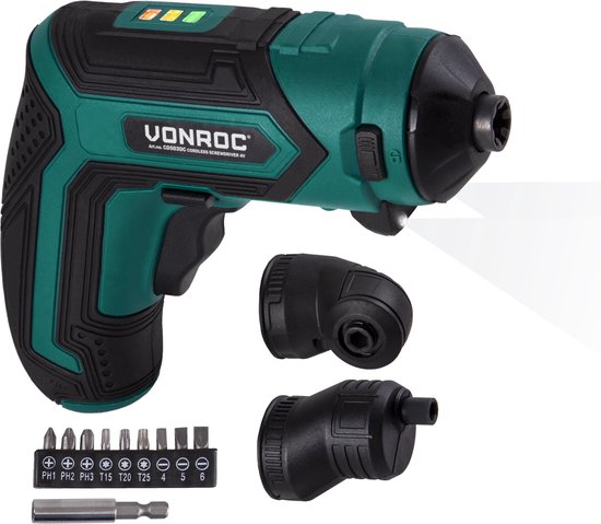 VONROC Tournevis sans fil - 4V - Avec porte-embout, embout excentrique et d'angle, jeu d'embouts et chargeur