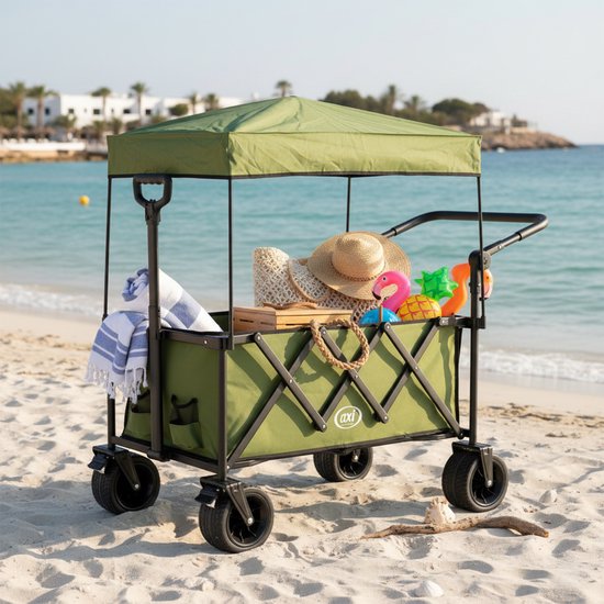 AXI SB221 Chariot pliable avec toit – Vert – Avec barre de traction, freins et housse – Capacité de charge de 100 kg – Facile à transporter – Métal