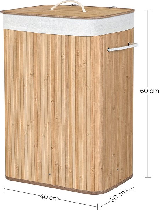 Songmics XL 72 litres - Grand panier à linge pliable - bambou - doublure lavable - 40 x 30 x 60 cm