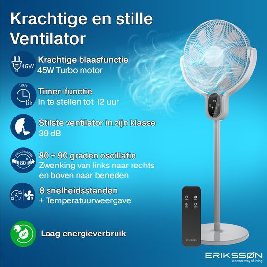 Ventilateur sur pied Eriksson - Silencieux et puissant 45 W - 8 vitesses - Réglable - Ventilateur sur pied - Gris