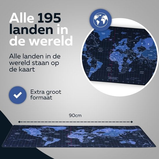 WURK Tapis de bureau professionnel - Carte du monde - Organiseur de bureau - Accessoires de bureau - Tapis de souris XXL - Antidérapant - Comprend un clip pour câble - 90x40