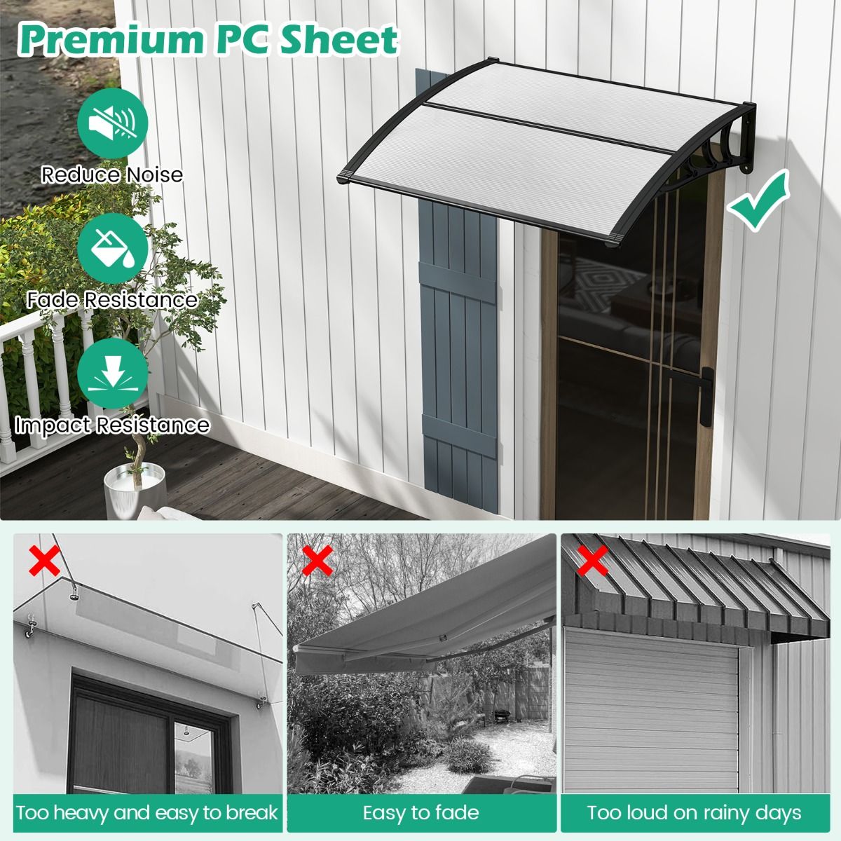 Auvent pour porte-fenêtre Coast - protection contre le soleil et la pluie - panneau en polycarbonate - gris - 102 x 99 cm
