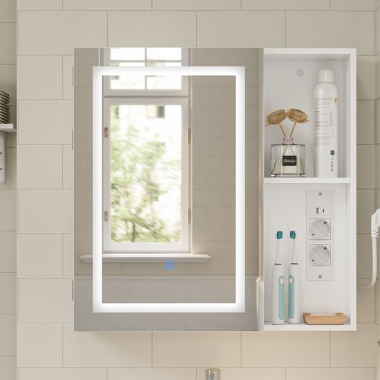 Armoire de salle de bains avec miroir SoBuy et éclairage LED – 2 prises électriques et port USB – 60 x 15,5 x 60 cm – Blanc
