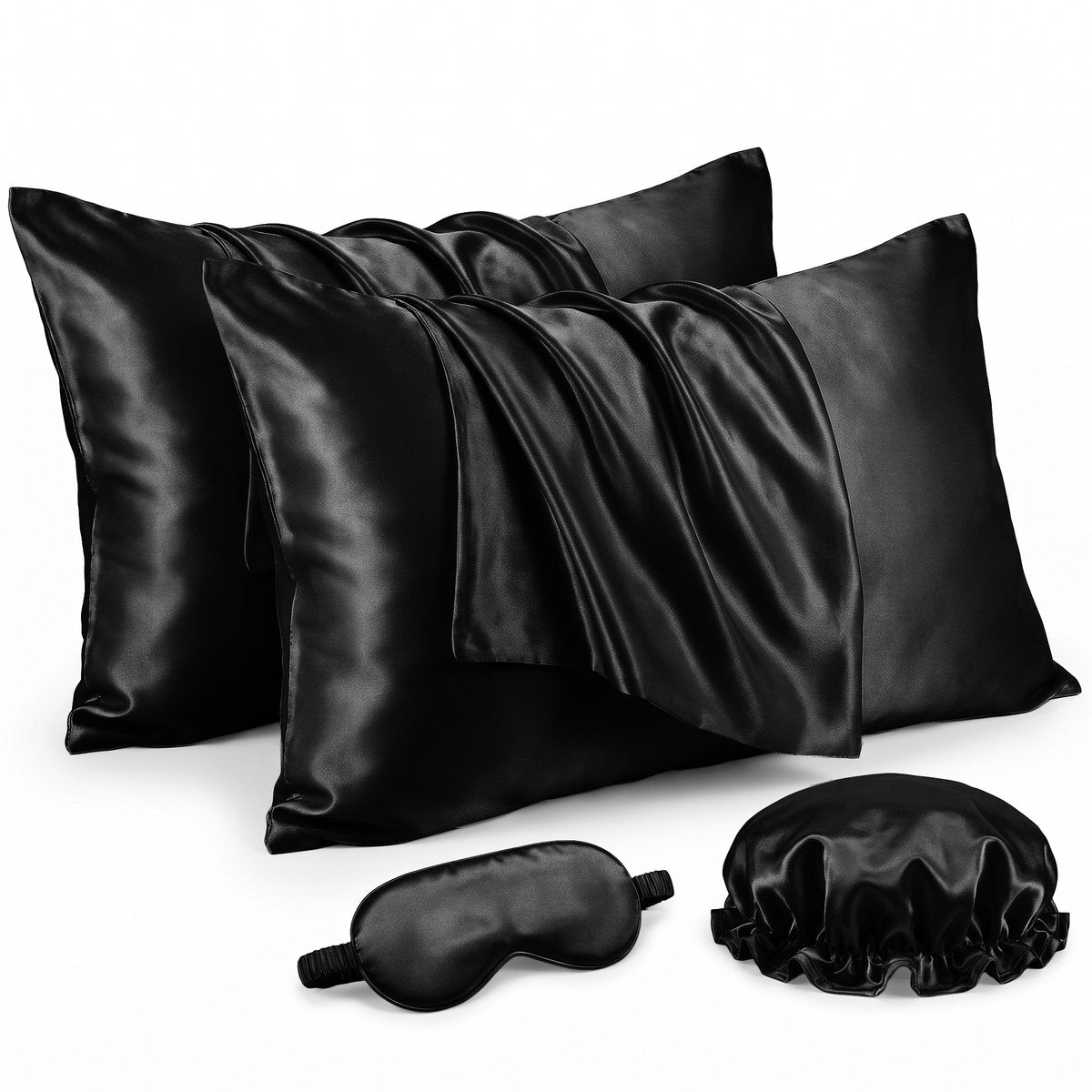 Ensemble en satin doux et soyeux - 2 taies d'oreiller 60 x 70 cm avec bonnet et masque de sommeil - Noir