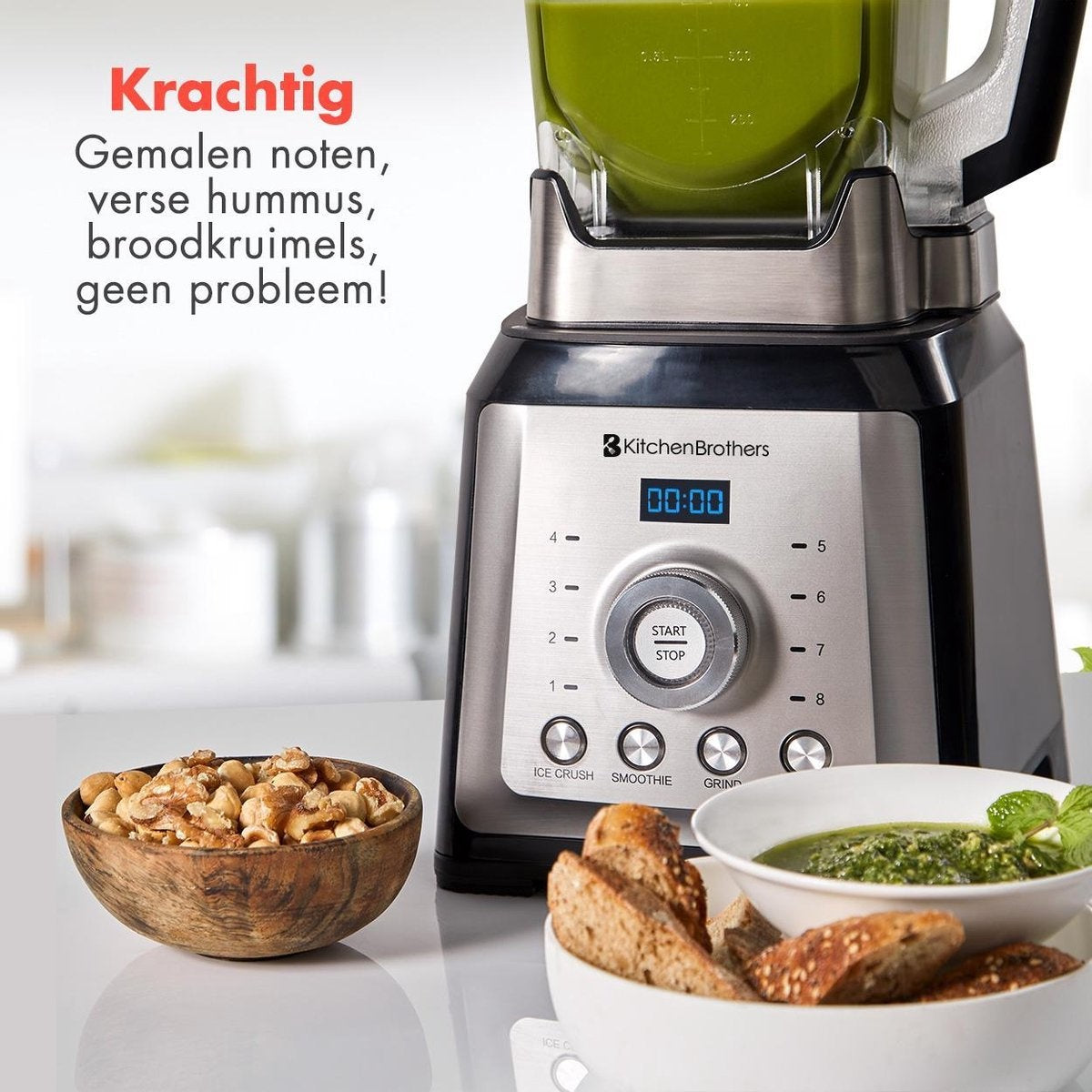 Blender - KitchenBrothers - Mixeur - 2000W - 2L - Machine à smoothie- 8 niveaux/4 vitesses - Acier inoxydable