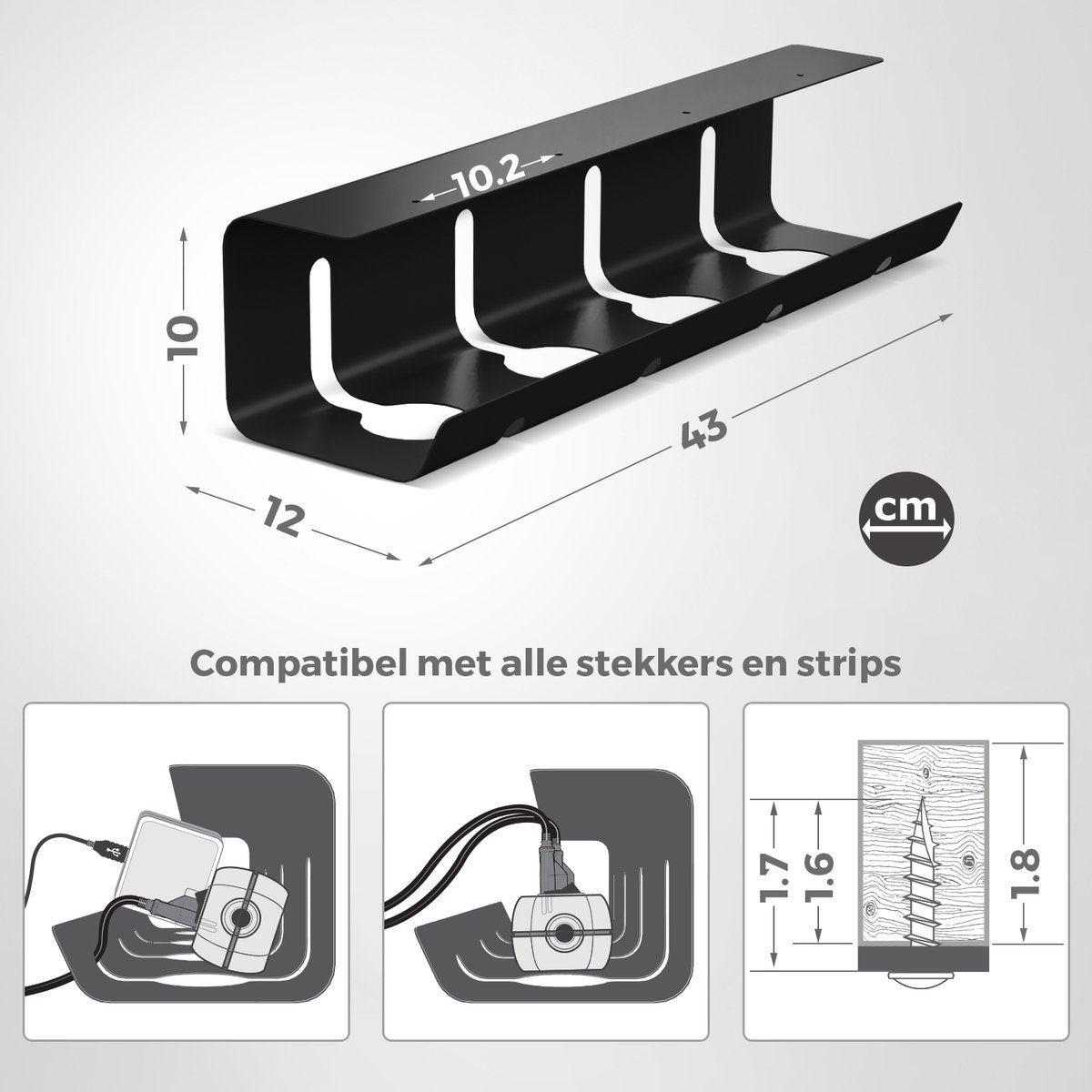 Lot de 2 - Organisateur de câbles Stilemo -Support pour cables - 43cm - 5 KG de capacité de charge - Noir