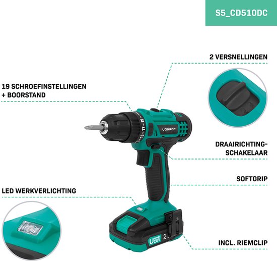VONROC Perceuse sans fil 20V - 19 positions de vissage + position de perçage - Batterie 2.0Ah, chargeur rapide et 46 accessoires inclus dans une mallette de luxe