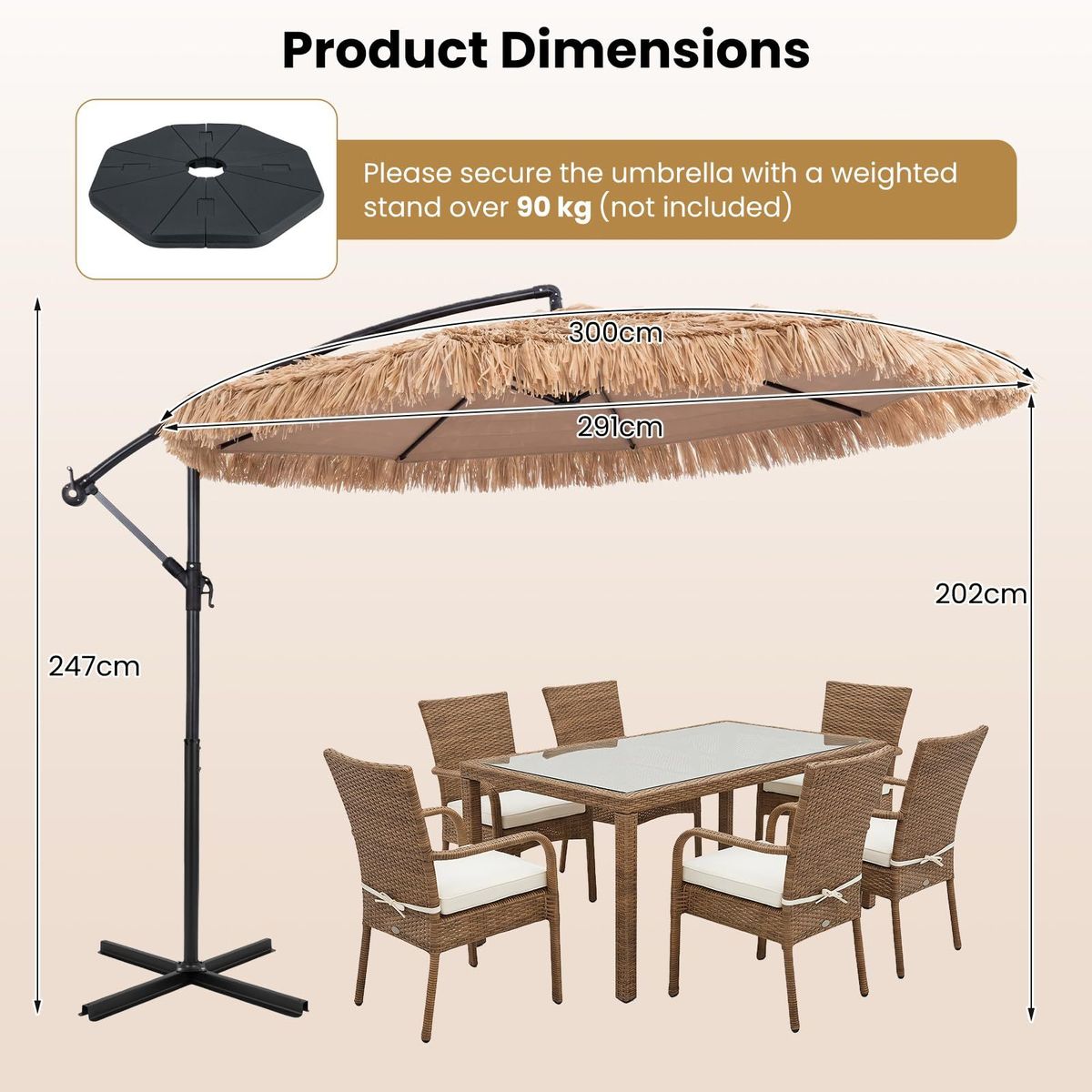 Parasol Coast Hawaii - articulation réglable - structure métallique avec pied en croix - couleur naturelle et noir - Ø 291 cm