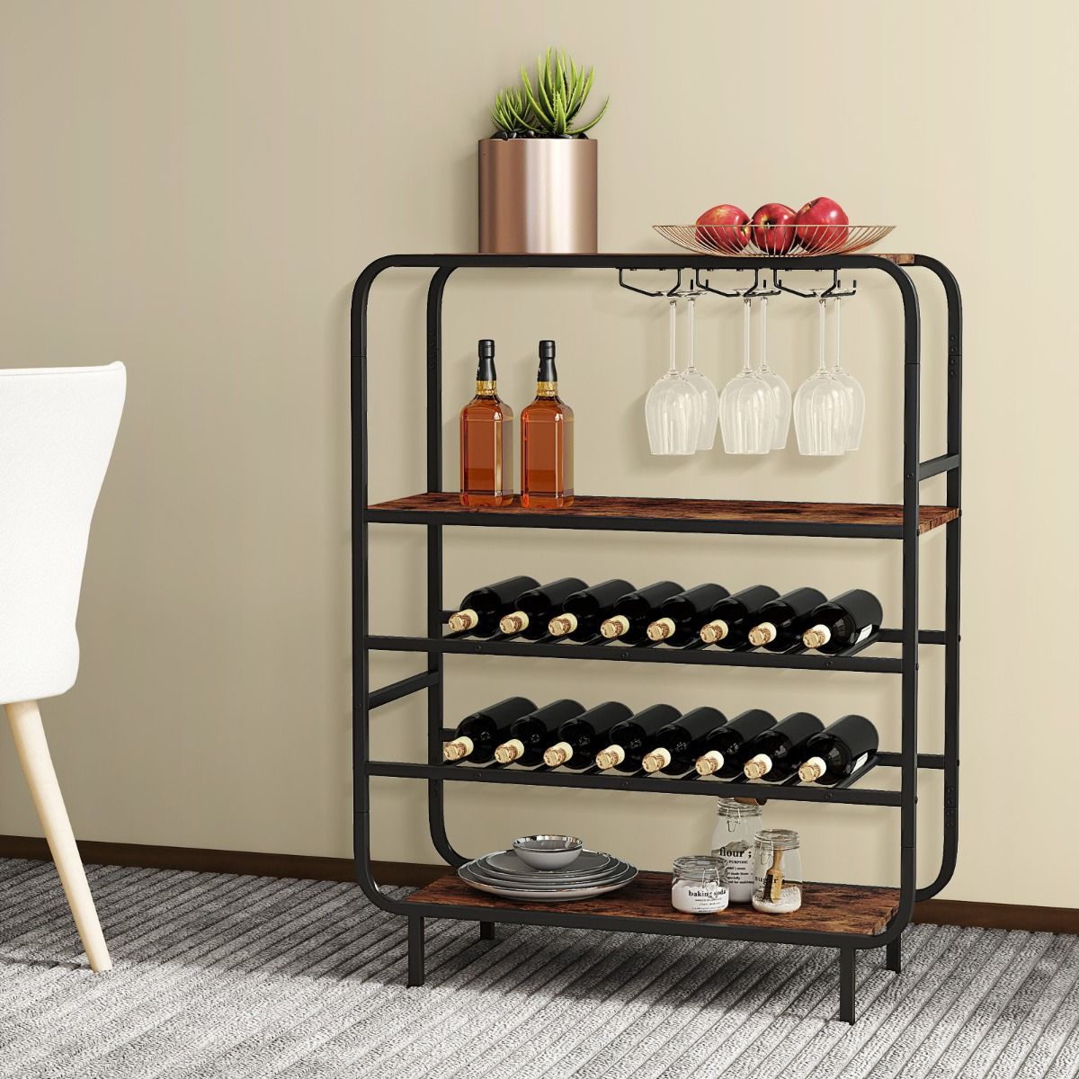 Étagère à vin Coast - cinq étages - porte-verres et plateau - noir et marron rustique - 91 x 35 x 117 cm