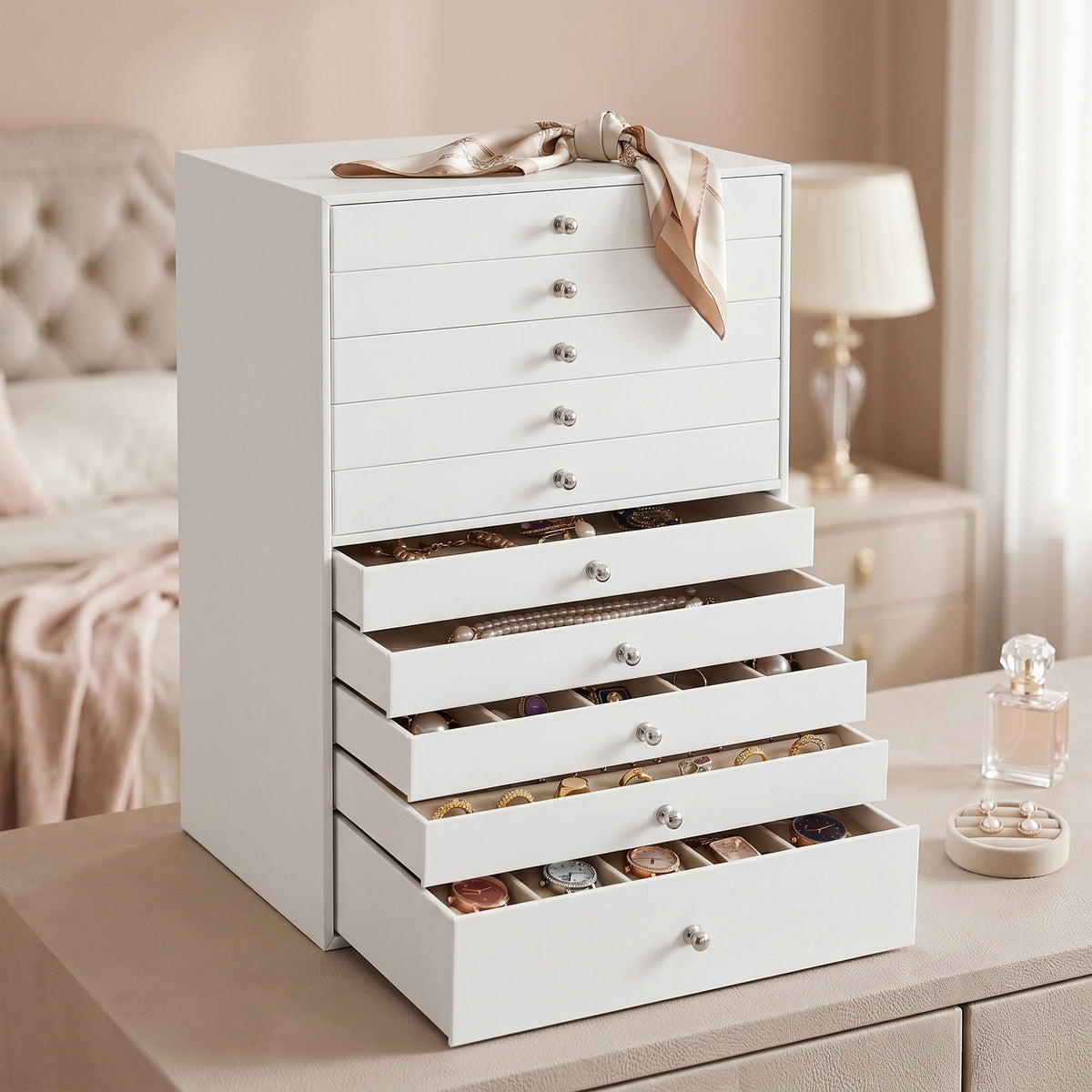JOYFURNOS Organiseur à bijoux avec tiroirs, grande boîte de rangement, idée cadeau moderne pour la chambre à coucher, 10 étages, blanc
