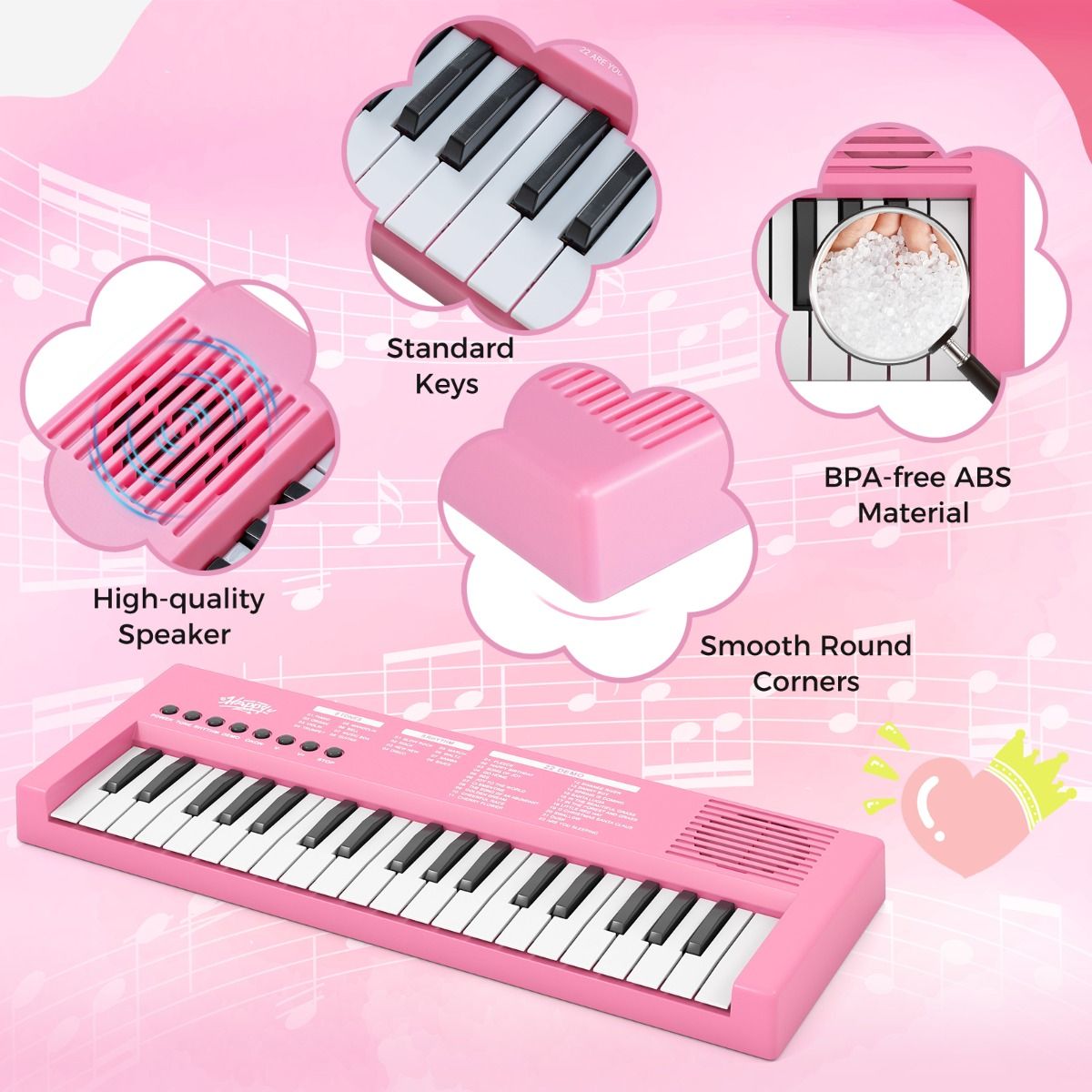 Clavier pour enfants Coast - Piano électronique à 37 touches - 8 rythmes - 8 sonorités - Noir / Rose