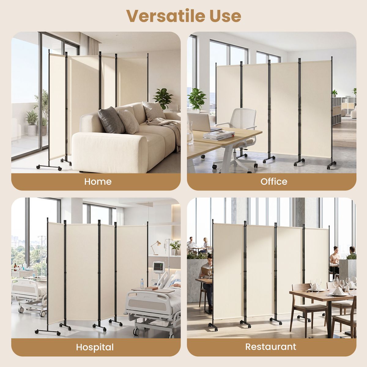 Coast : paravent à 4 panneaux sur roulettes - pliable - protège de la vue - beige - 1 pièce