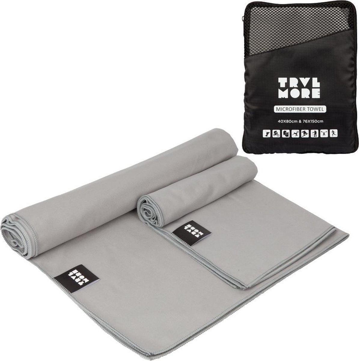 TRVLMORE Set de serviettes de voyage en microfibre - 2 pièces - Petit (40 x 80 cm) et Grand (76 x 150 cm) - Microfibre - Gris