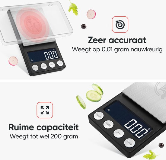 Kitchenwell digital mini precision kitchen scale - 0.01 à 200 grammes - 14.2 x 7.5 cm - balance de poche rechargeable par USB - balance de cuisine - noir