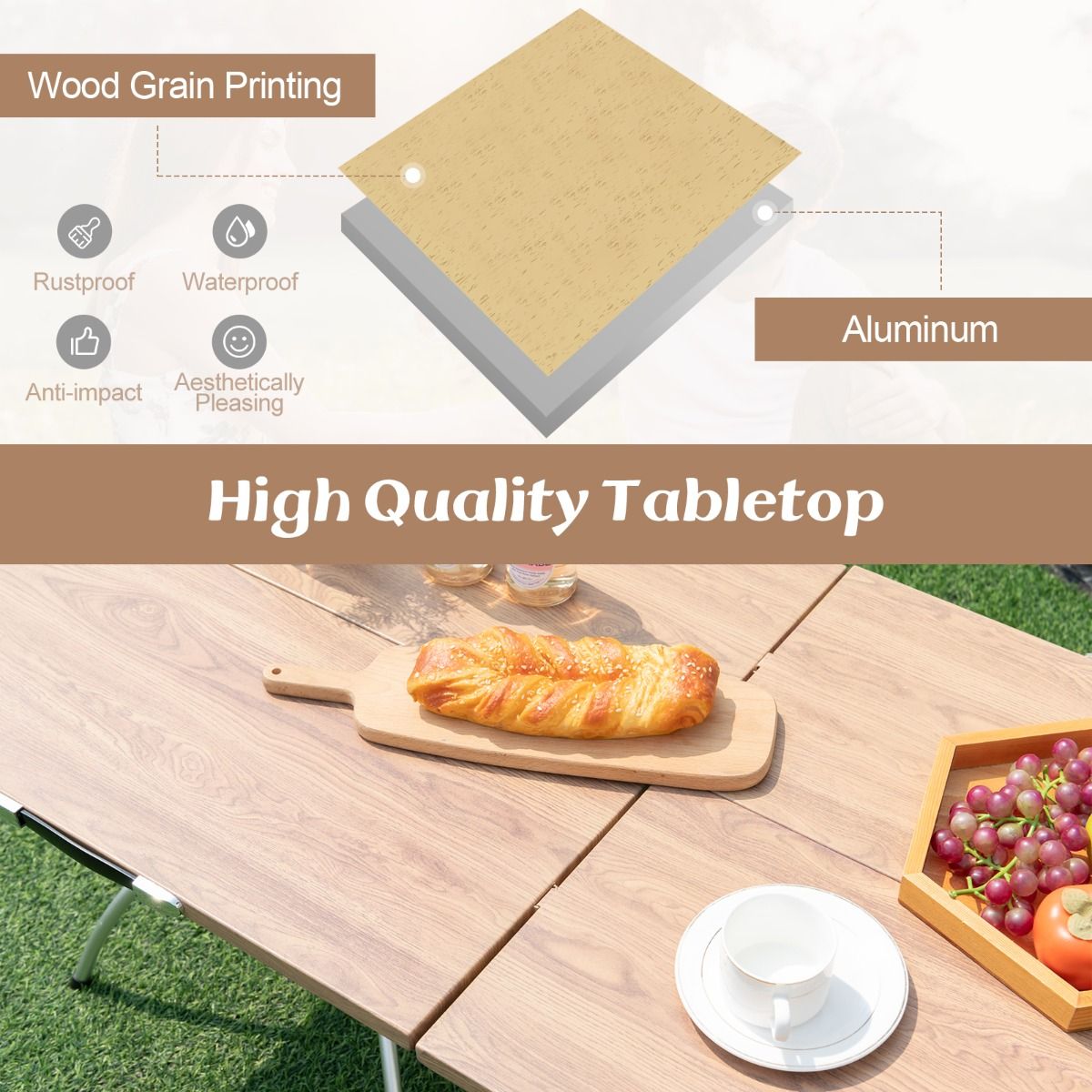 Ensemble de table de camping pliable Coast - Extensible - Aluminium léger - Plateau imitation bois - Couleurs café et argent