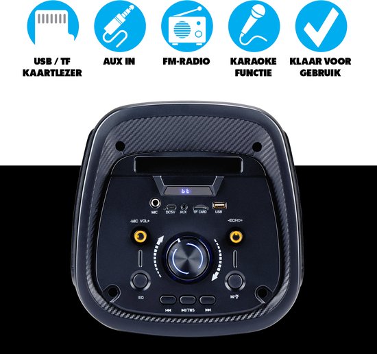 Enceinte Bluetooth avec microphone - Boîte de réception avec éclairage d'ambiance - Boîte à musique et Karaoké - Enceinte de réception avec entrées Bluetooth, Aux et USB - Facile à déplacer grâce à la poignée - Noir