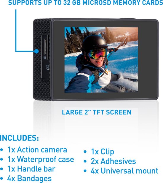 Grundig Action Camera HD720P - Caméra sous-marine - Étanche jusqu'à 30M - Écran LCD 2" - Accessoires divers inclus - Détection de mouvement - Noir