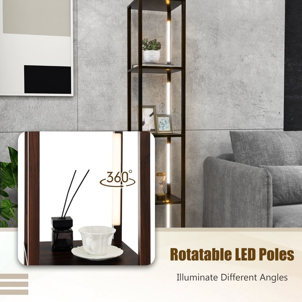 Lampadaire Coast avec étagères de rangement - Éclairage LED à 3 niveaux de luminosité réglables - 4 étagères - marron - 163 cm