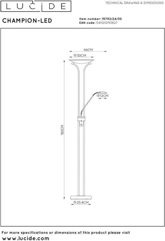 Lucide CHAMPION-LED - Lampe de lecture - Ø 30 cm - LED à intensité variable - 3000 K - Noir
