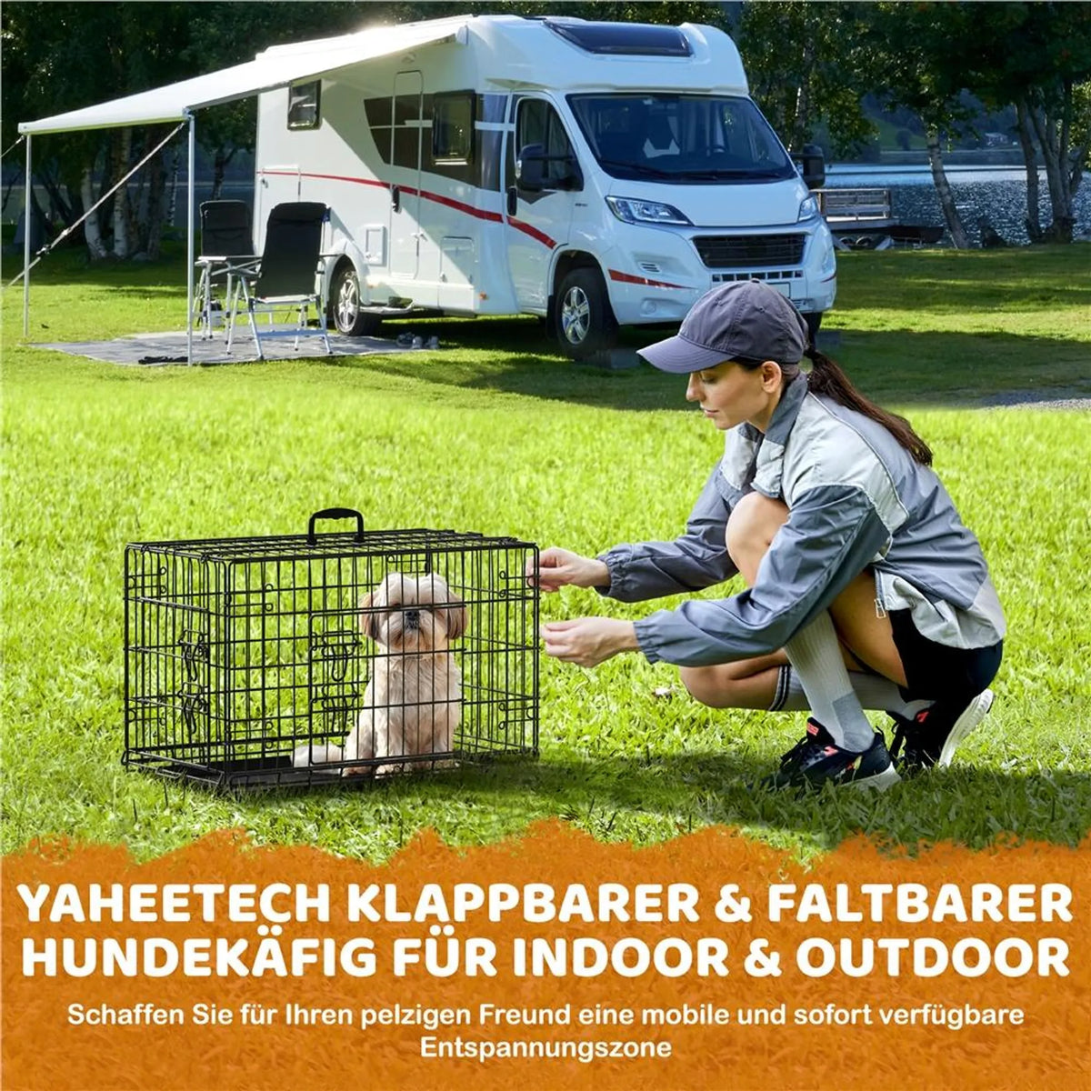 Yaheetech Banc pliable pour chien - 76 x 45 x 51 cm - Avec cloison et plaque de fond amovible et double porte - Pour petits chiens - Métal noir et plastique