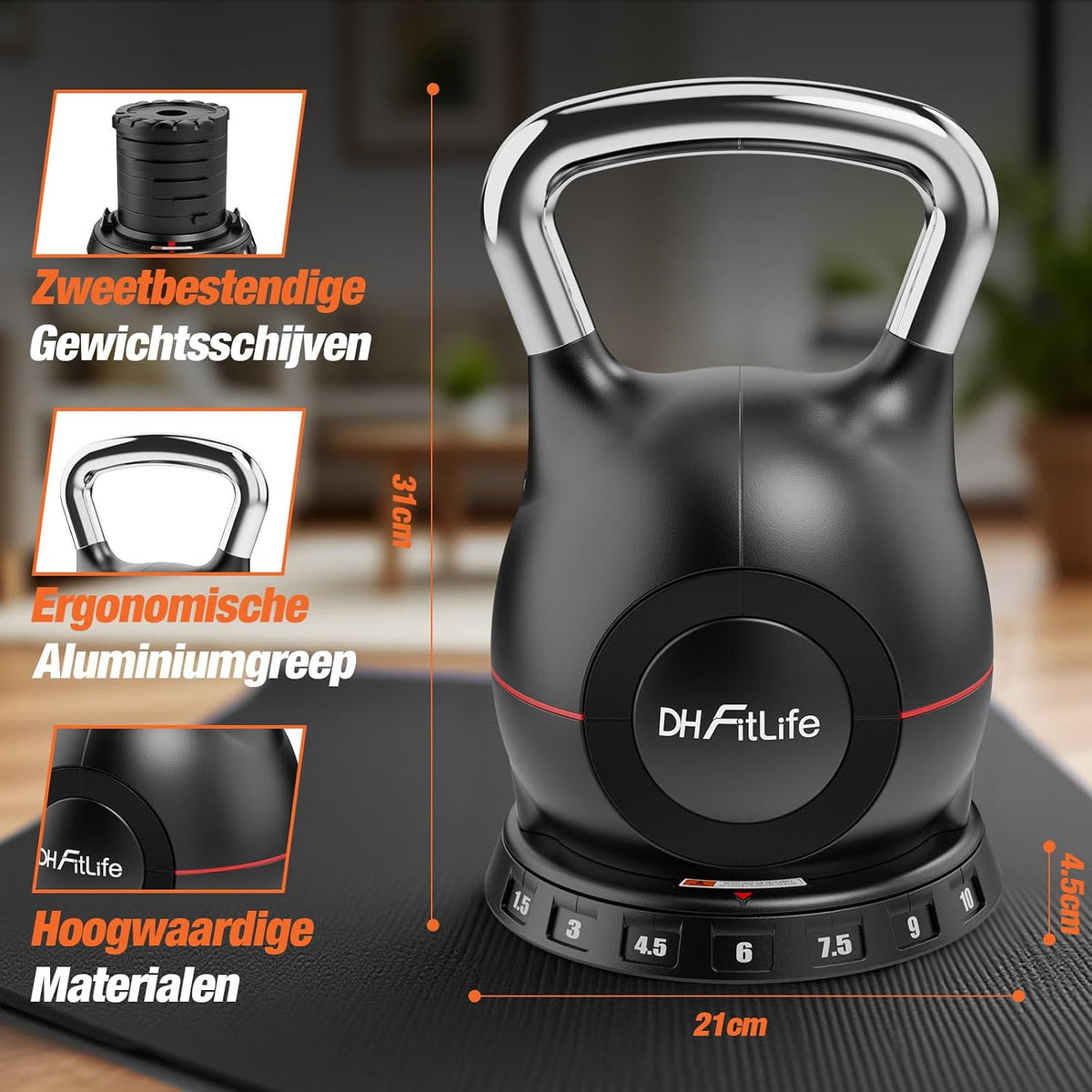 Kettlebell réglable DH FitLife 7-en-1 - 1,5 à 10 kg - 7 niveaux de poids - 20 x 20 x 30 cm - Noir