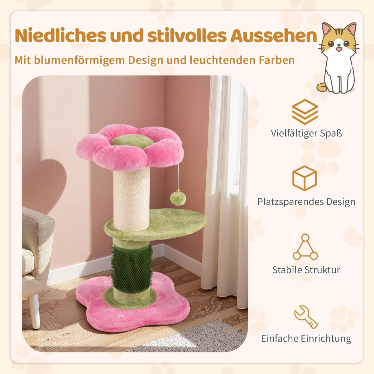 Arbre à chat Coast - 3 étages - avec coin repos en peluche et plateformes fleuries - rose - 69 cm