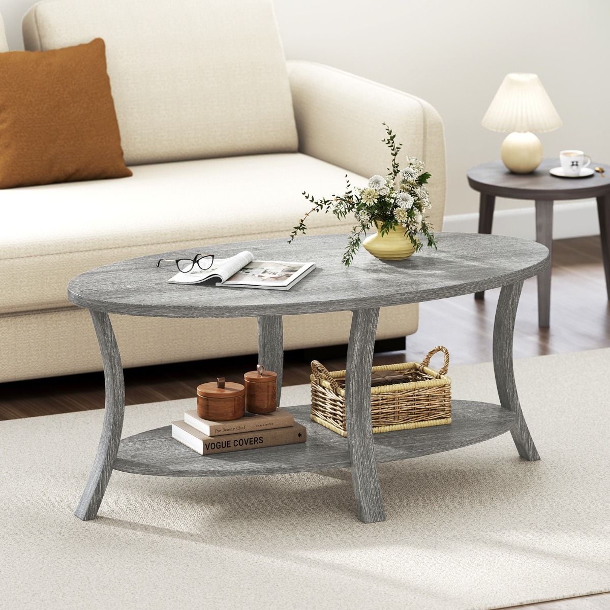Table basse ovale Coast - 2 niveaux avec espace de rangement - bois d'hévéa - gris - 111 x 60,5 x 47 cm