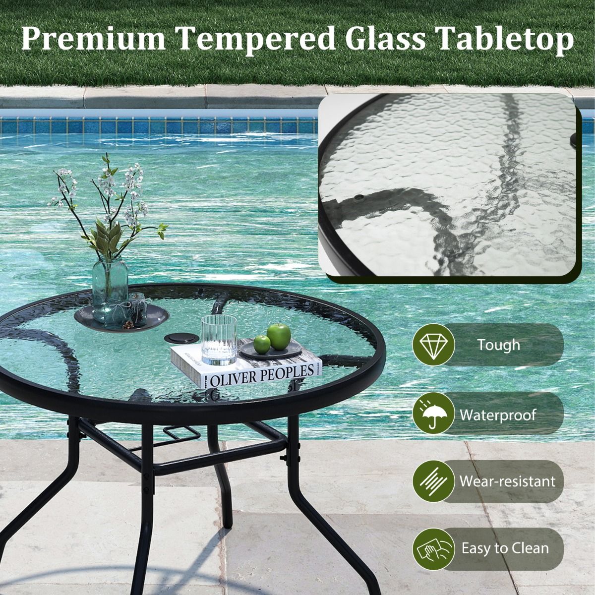 Table d'appoint ronde Coast pour l'extérieur - Plateau en verre trempé - Trou pour parasol de 4,2 cm - Noir 70 x 70 x 45,5 cm