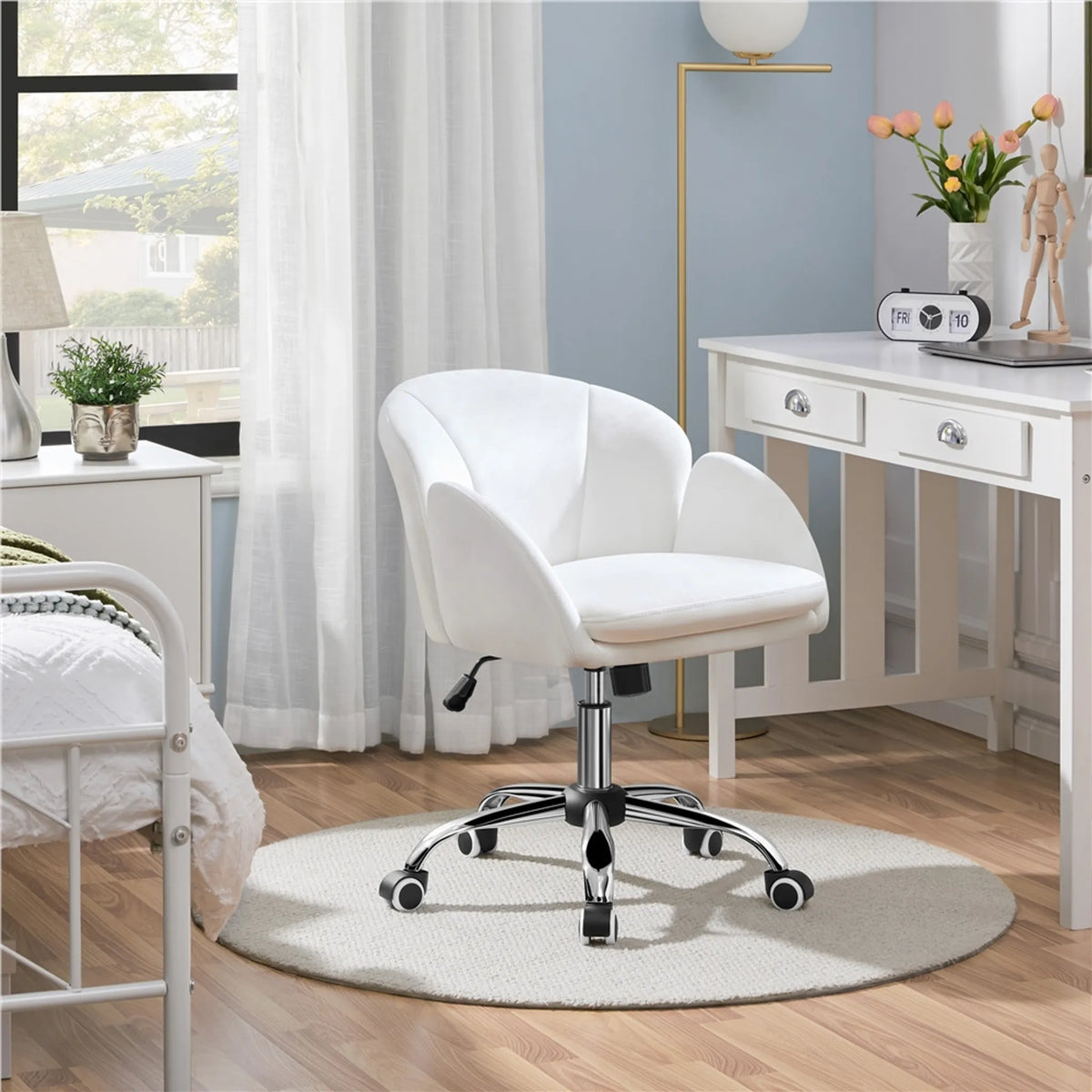 Yaheetech : élégante chaise de bureau avec motif floral, hauteur 72-81,5 cm – Blanc neige – Polyester et métal