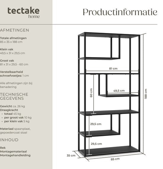 tectake® Armoire murale Venda - 85 x 35 x 188 cm - aspect industriel - cadre en acier - armoire avec protection contre le basculement - bibliothèque avec 6 compartiments asymétriques - armoire de rangement moderne pour le salon, la cuisine ou la chambre à
