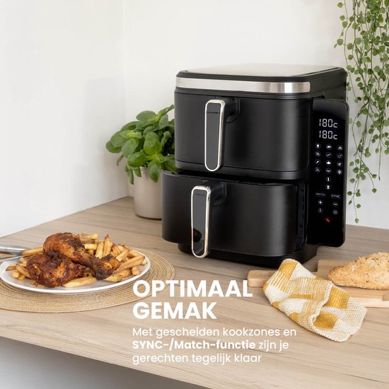 Nexxt - Double Airfryer empilé - Capacité 11 l - Noir et acier inoxydable - 12 programmes de cuisson - Modèle empilé - Gain de place et double tiroir