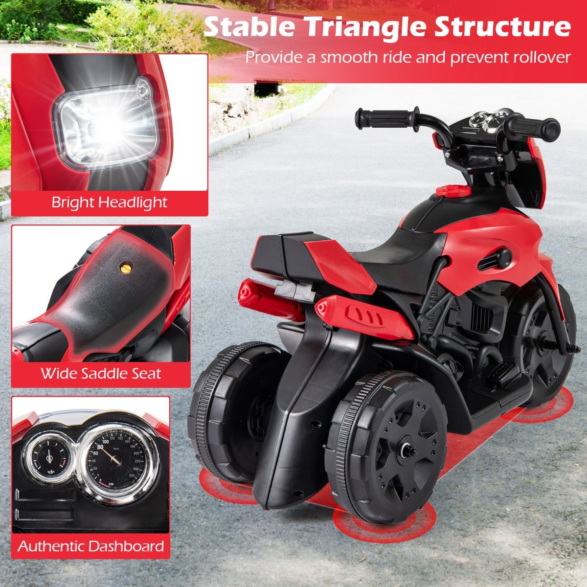 Vélo électrique pour enfants Coast - modèle à trois roues - avec phare à LED - rouge