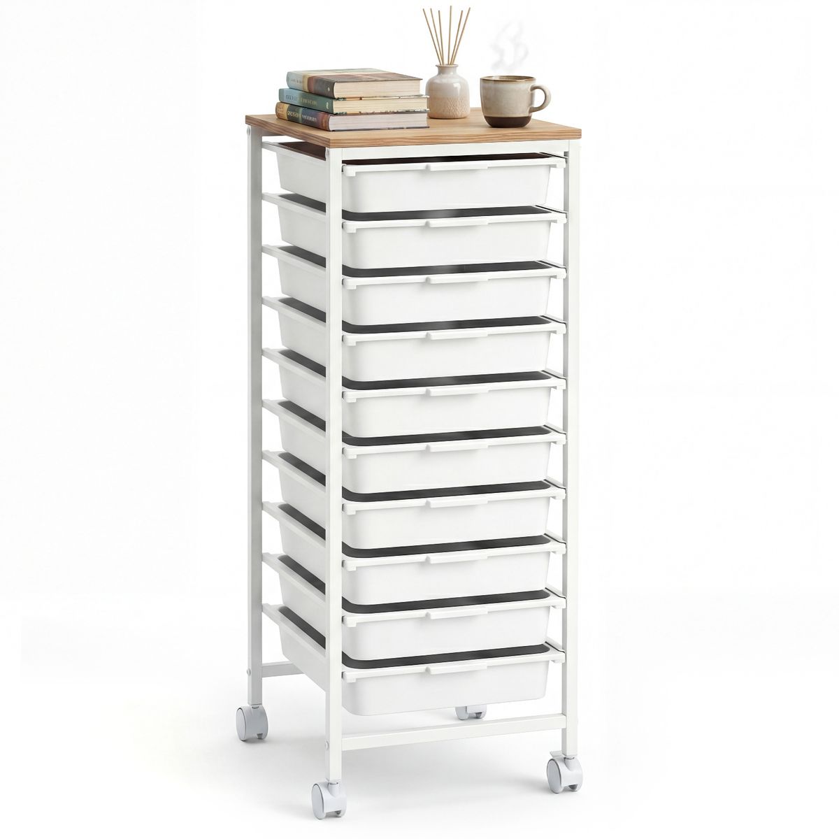 Caisson à roulettes Coast avec 10 tiroirs - structure métallique robuste - plateau en bois - blanc - 37 x 32,5 x 85 cm