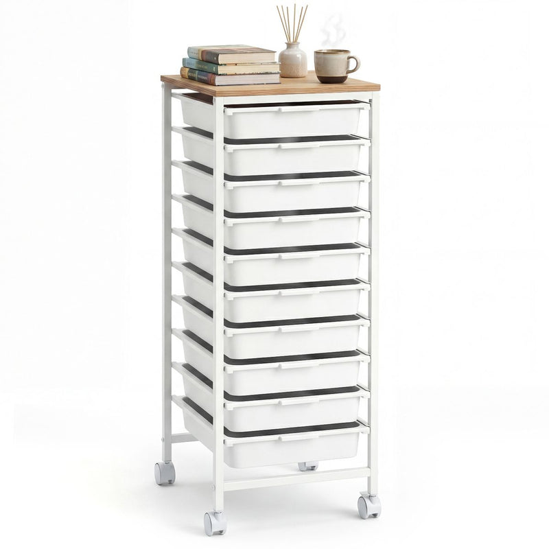 Caisson à roulettes Coast avec 10 tiroirs - structure métallique robuste - plateau en bois - blanc - 37 x 32,5 x 85 cm