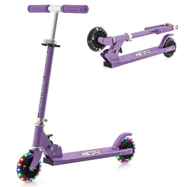 Scooter à deux roues pour enfants avec roues clignotantes, guidon réglable et frein arrière pour les garçons et les filles de 3 ans et plus, violet