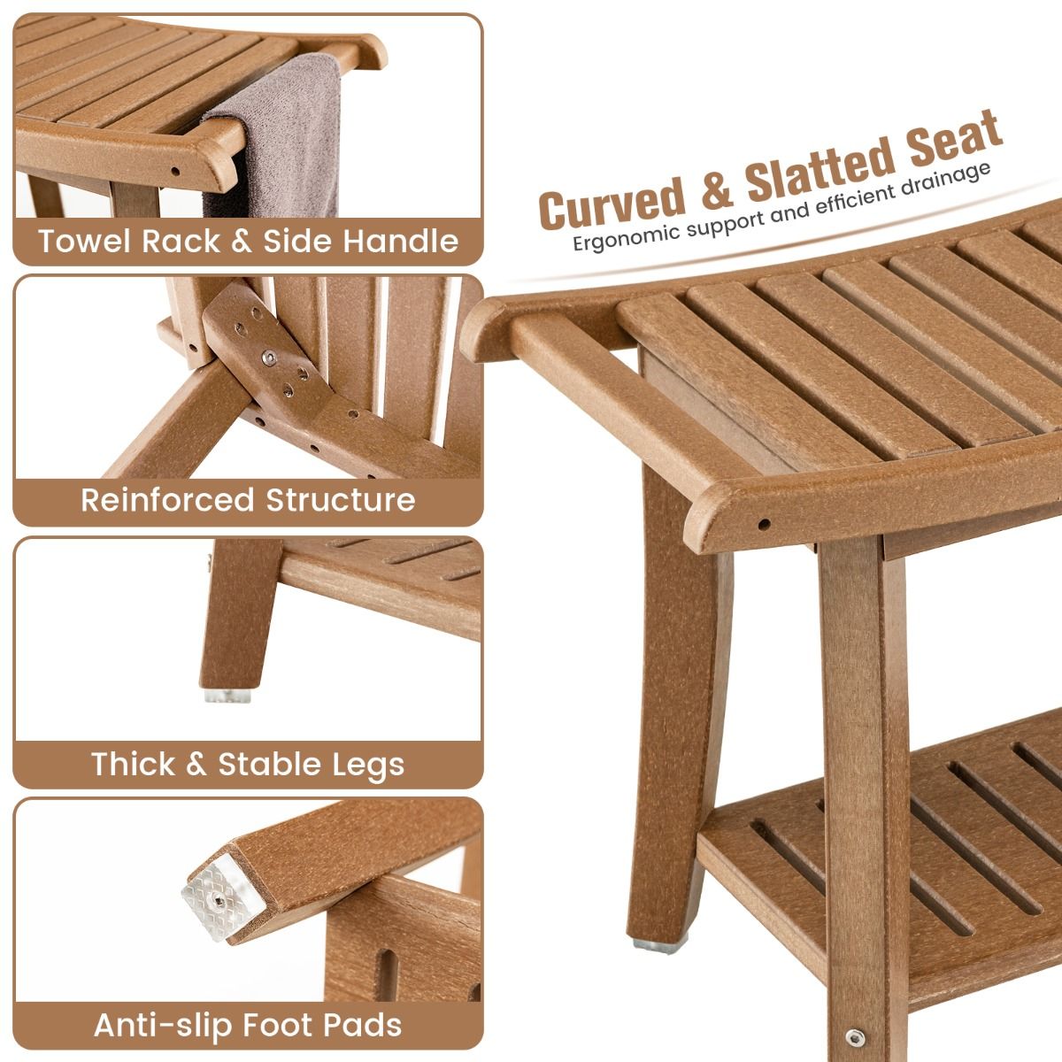 Tabouret de douche Coast - étanche - assise incurvée - tablette de rangement - marron - 60,5 x 34 x 48 cm