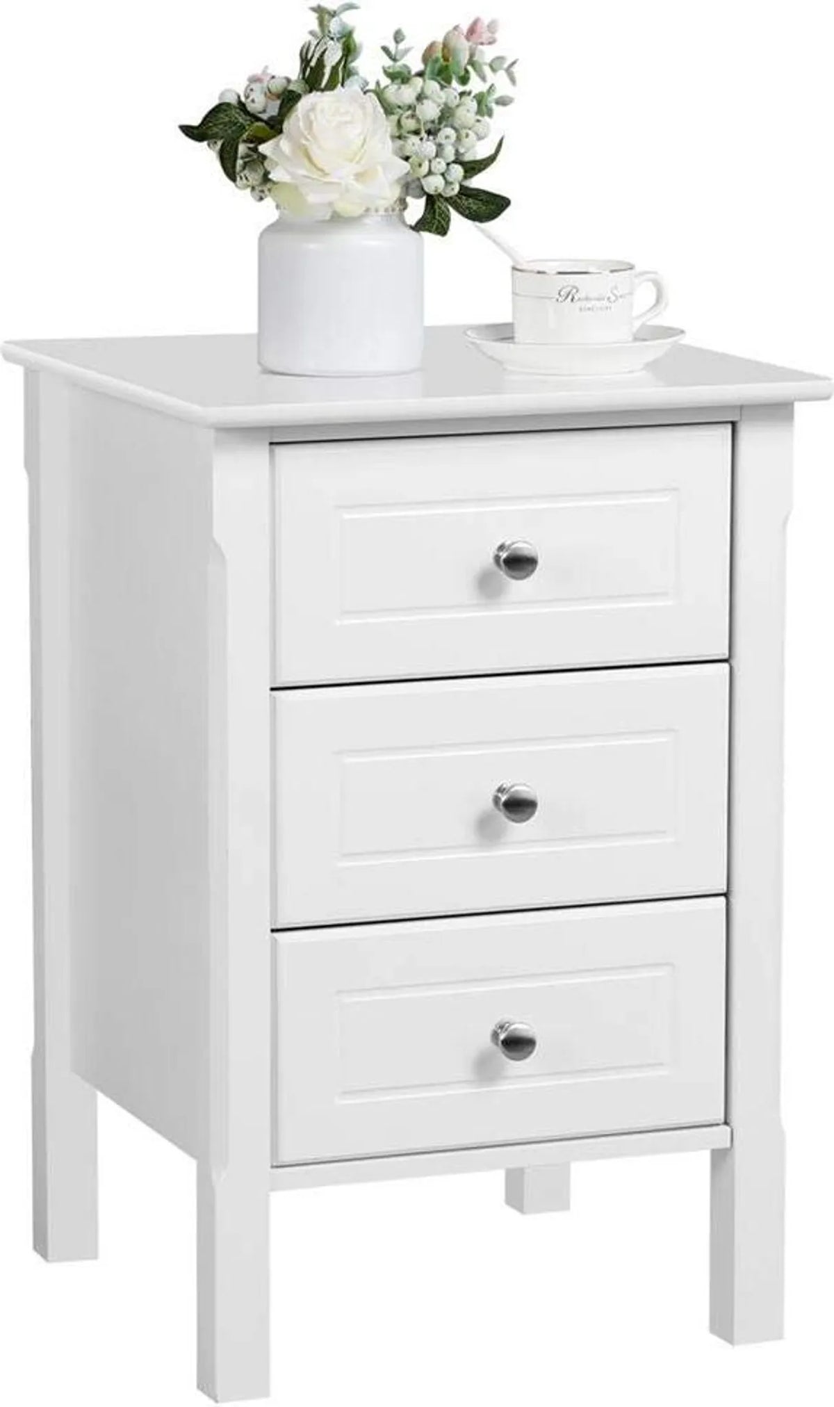 Yaheetech Table de chevet avec 3 tiroirs - équipée de poignées en aluminium, d'une surface laquée résistante à l'humidité et de guides de tiroirs de haute qualité - pour la chambre à coucher et le salon - MDF E1 blanc - 40 x 40 x 60 cm