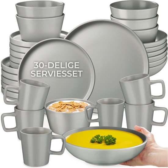 tectake® Service de table Una - 30 pièces - Grès - 6 couverts - Service de table élégant et durable - Ensemble comprenant des grandes et petites assiettes, des bols, des coupelles - Tasses - Gris