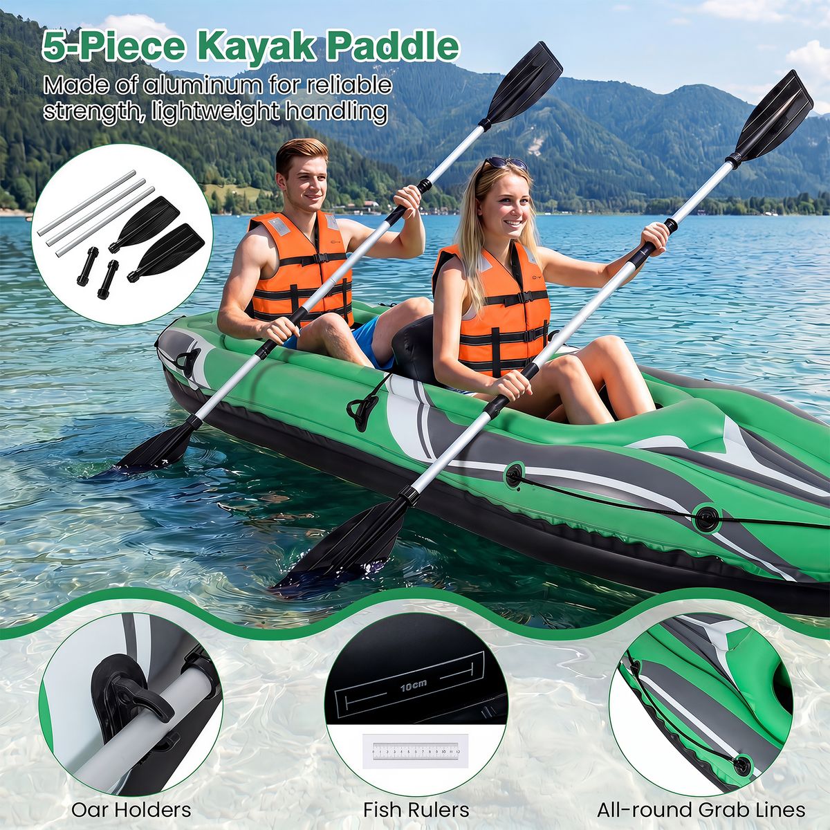Kayak gonflable Coast pour 2 personnes - PVC renforcé - avec pagaies en aluminium et dossiers - vert/noir 350 x 78 x 47 cm