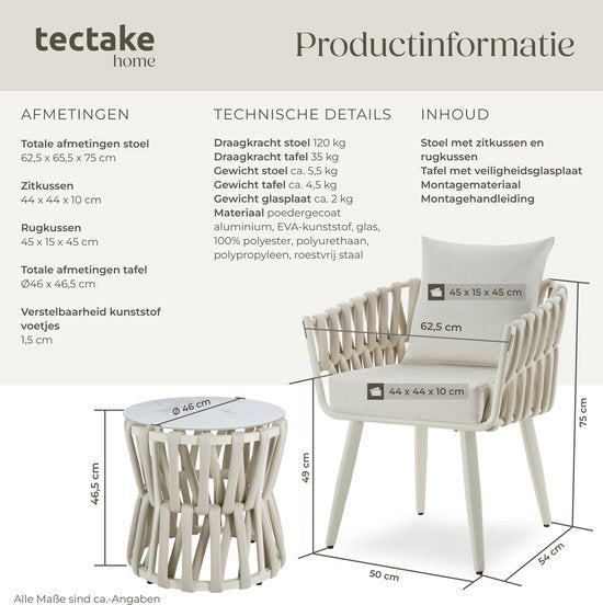 Ensemble de jardin tectake® Lugano - Chaise de jardin - Chaise longue avec table d'appoint - Chaise d'extérieur au design « corde » avec structure en aluminium - Fauteuil d'extérieur avec coussins épais - Ensemble de détente pour le jardin ou le balcon -