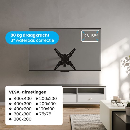 Support TV Auronic - 26 à 55 pouces - Support mural pour TV - Orientable et inclinable - Jusqu'à 40 kg - VESA 400 mm x 400 mm - Pour les modèles 43" et 55", entre autres - Noir